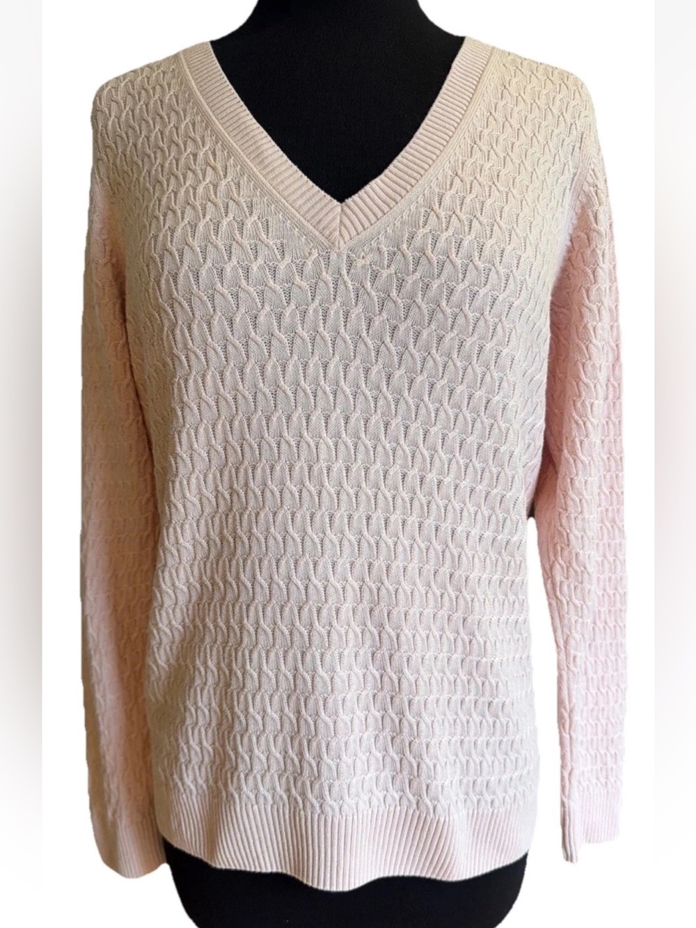 Talbots Soft Pink Pima Cotton V/Neck Sweater Cable Knit Size Medium